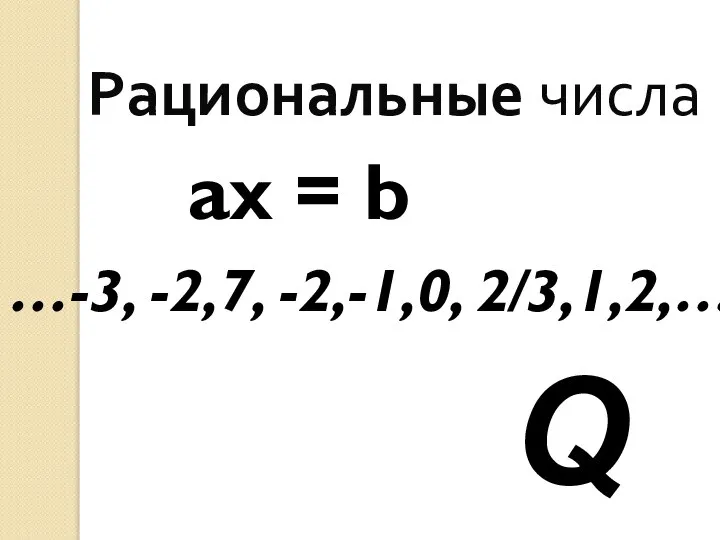 Рациональные числа ax = b Q …-3, -2,7, -2,-1,0, 2/3,1,2,…