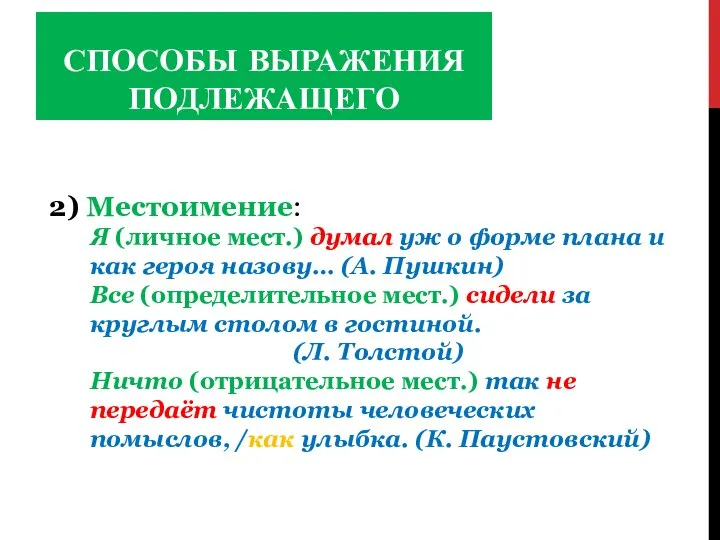 СПОСОБЫ ВЫРАЖЕНИЯ ПОДЛЕЖАЩЕГО 2) Местоимение: Я (личное мест.) думал уж о