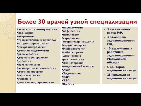 аллергология-иммунология педиатрия неврология травматологии и ортопедии оториноларингология гастроэнтерология детская кардиология ревматология