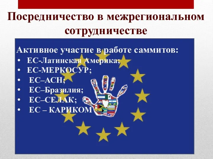 Активное участие в работе саммитов: ЕС-Латинская Америка; ЕС-МЕРКОСУР; ЕС–АСН; ЕС–Бразилия; ЕС–СЕЛАК;