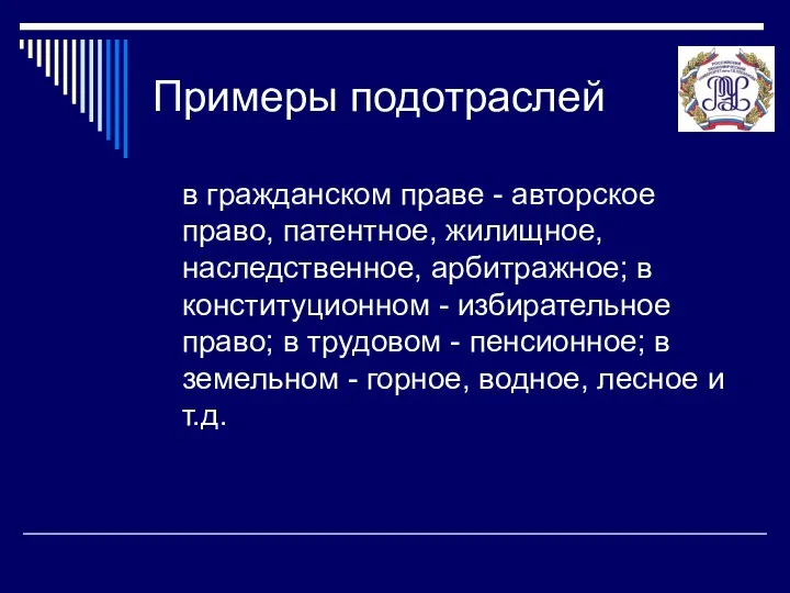 Примеры подотраслей в гражданском праве - авторское право, патентное, жилищное, наследственное,