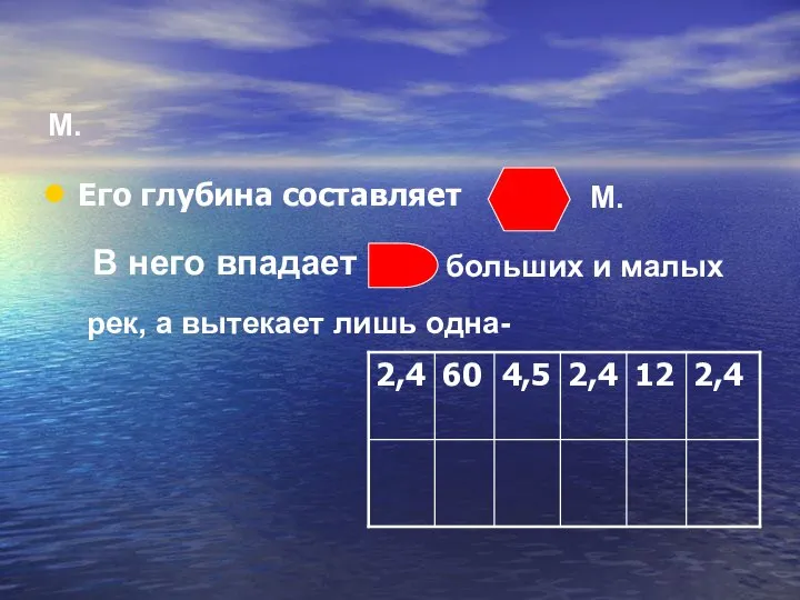 М. Его глубина составляет М. В него впадает больших и малых рек, а вытекает лишь одна-