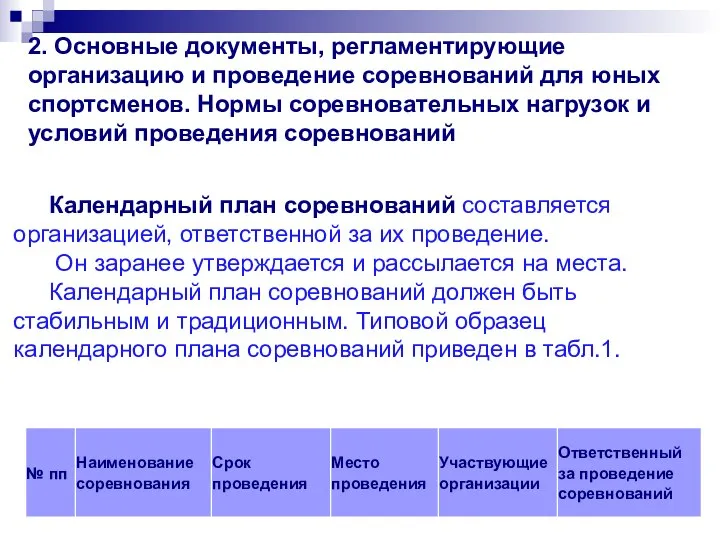 2. Основные документы, регламентирующие организацию и проведение соревнований для юных спортсменов.