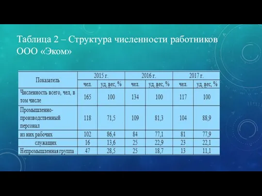 Таблица 2 – Структура численности работников ООО «Эком»