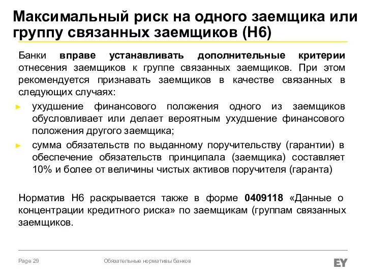 Максимальный риск на одного заемщика или группу связанных заемщиков (Н6) Банки