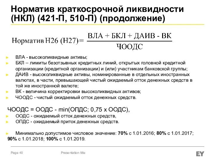 Норматив краткосрочной ликвидности (НКЛ) (421-П, 510-П) (продолжение) ВЛА - высоколиквидные активы;