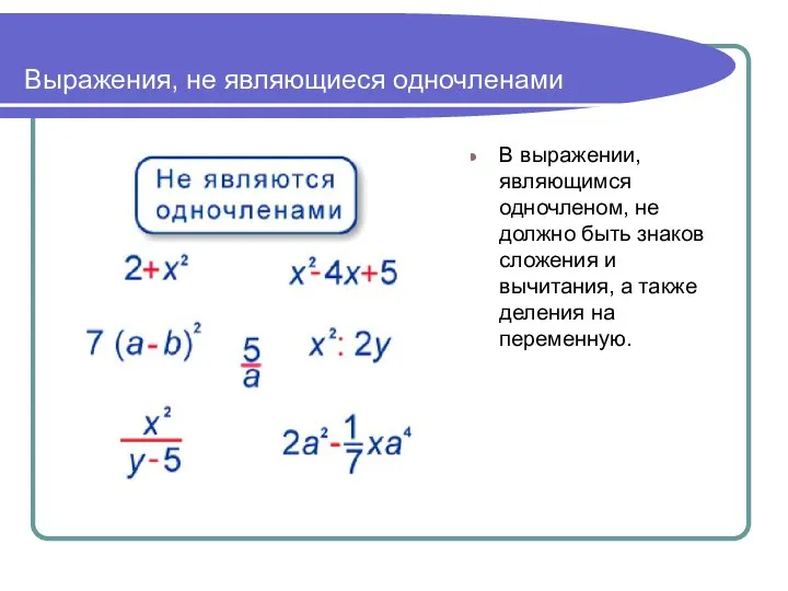 Выражения, не являющиеся одночленами В выражении, являющимся одночленом, не должно быть