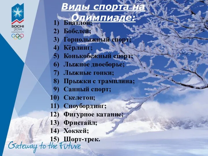 Виды спорта на Олимпиаде: Биатлон; Бобслей; Горнолыжный спорт; Кёрлинг; Конькобежный спорт;