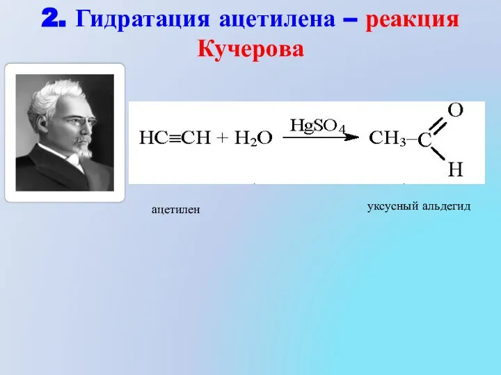 2. Гидратация ацетилена – реакция Кучерова ацетилен уксусный альдегид