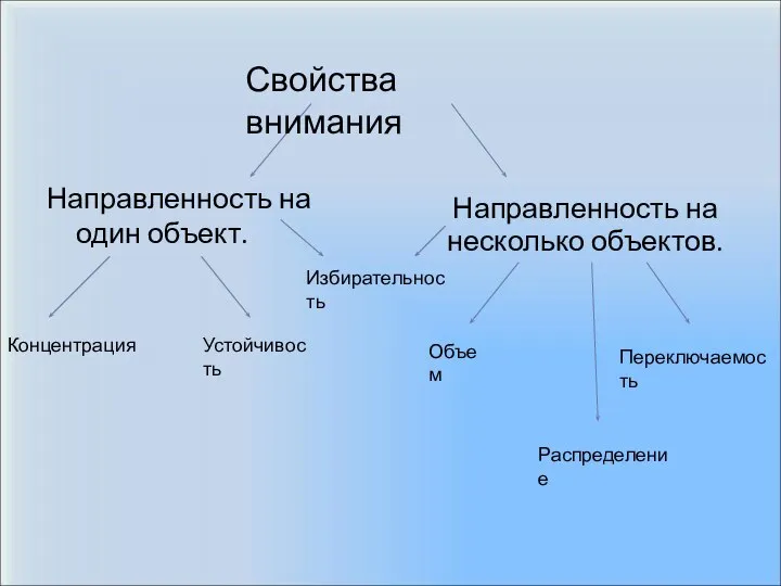 Направленность на один объект. Направленность на несколько объектов. Концентрация Устойчивость Избирательность Переключаемость Распределение Объем Свойства внимания