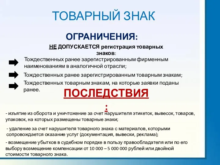 ТОВАРНЫЙ ЗНАК ОГРАНИЧЕНИЯ: НЕ ДОПУСКАЕТСЯ регистрация товарных знаков: Тождественных ранее зарегистрированным