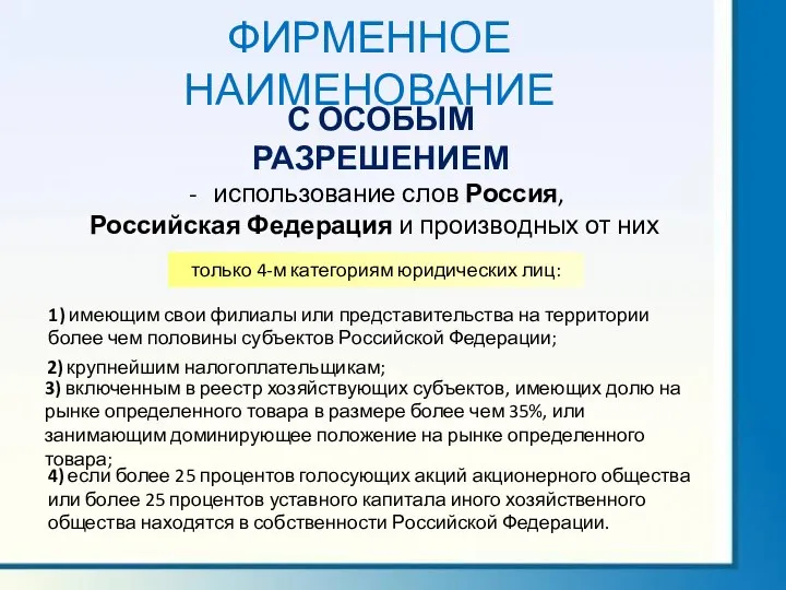 ФИРМЕННОЕ НАИМЕНОВАНИЕ С ОСОБЫМ РАЗРЕШЕНИЕМ использование слов Россия, Российская Федерация и