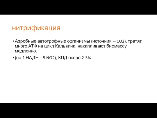 нитрификация Аэробные автотрофные организмы (источник – CO2), тратят много АТФ на