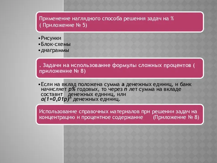 Применение наглядного способа решения задач на % ( Приложение № 5)