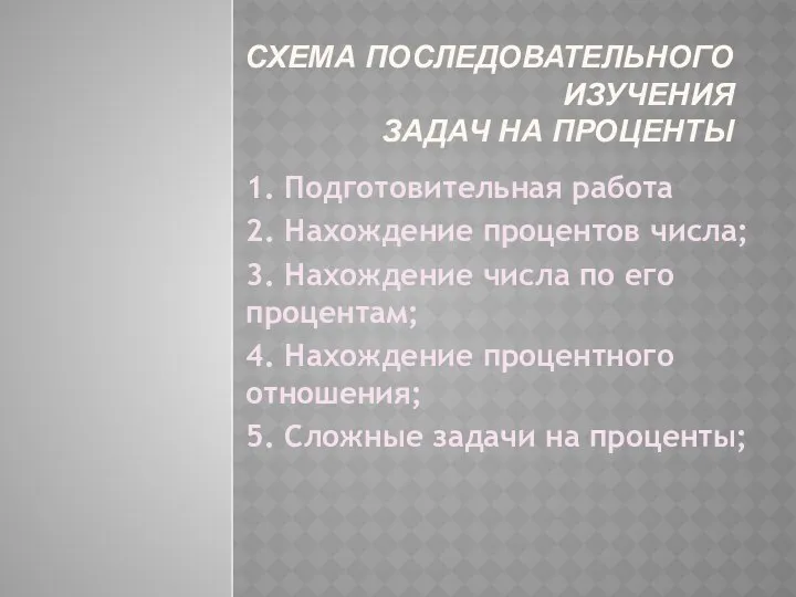 СХЕМА ПОСЛЕДОВАТЕЛЬНОГО ИЗУЧЕНИЯ ЗАДАЧ НА ПРОЦЕНТЫ 1. Подготовительная работа 2. Нахождение