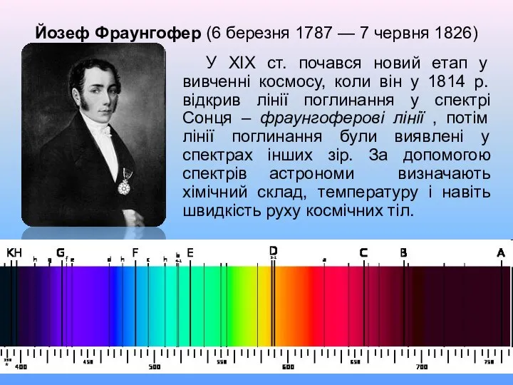 Йозеф Фраунгофер (6 березня 1787 — 7 червня 1826) У XIX