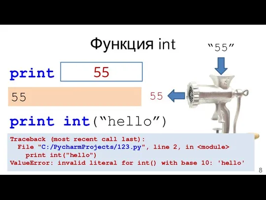 Функция int print int(“55”) “55” 55 55 55 print int(“hello”) Traceback