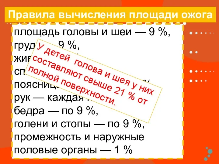 Правила вычисления площади ожога площадь головы и шеи — 9 %,