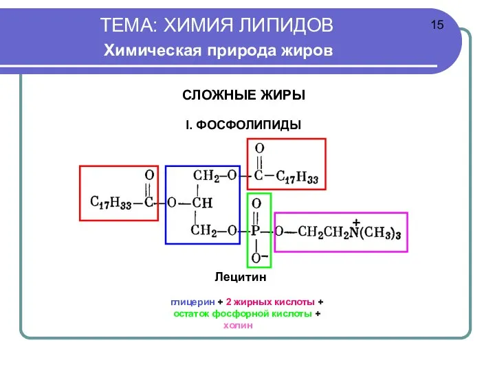 ТЕМА: ХИМИЯ ЛИПИДОВ Химическая природа жиров Лецитин глицерин + 2 жирных