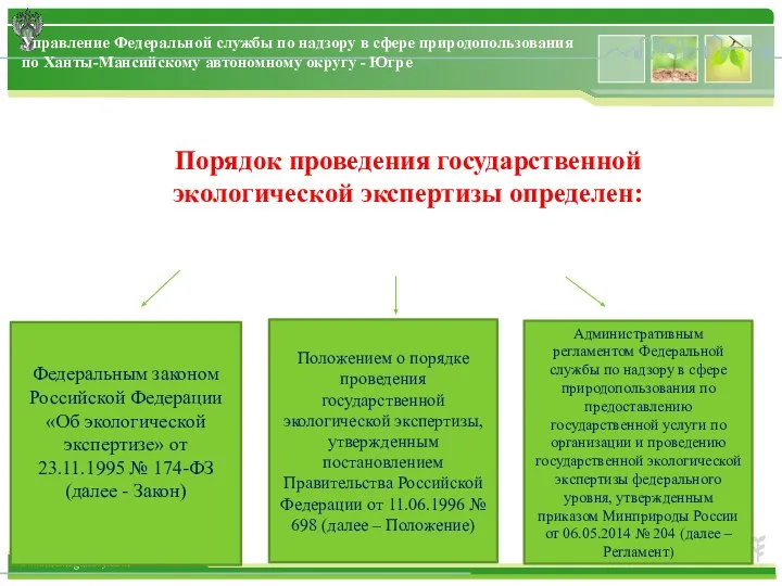 Порядок проведения государственной экологической экспертизы определен: Федеральным законом Российской Федерации «Об
