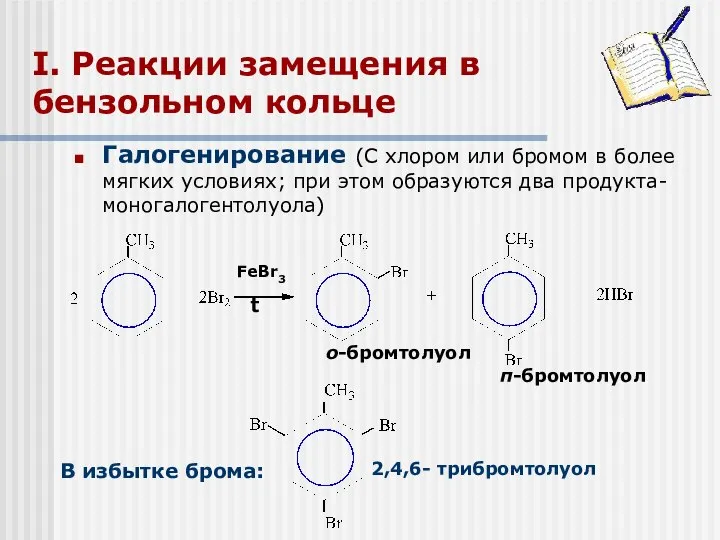 FeBr3 t о-бромтолуол I. Реакции замещения в бензольном кольце 2,4,6- трибромтолуол