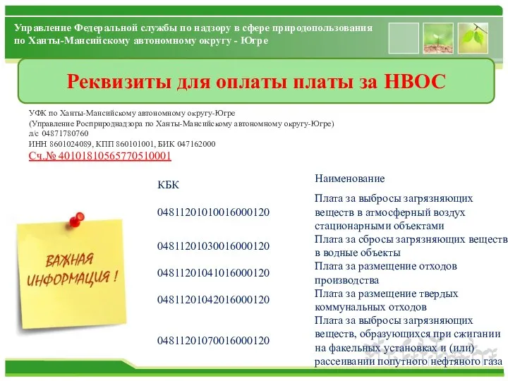 Реквизиты для оплаты платы за НВОС Управление Федеральной службы по надзору