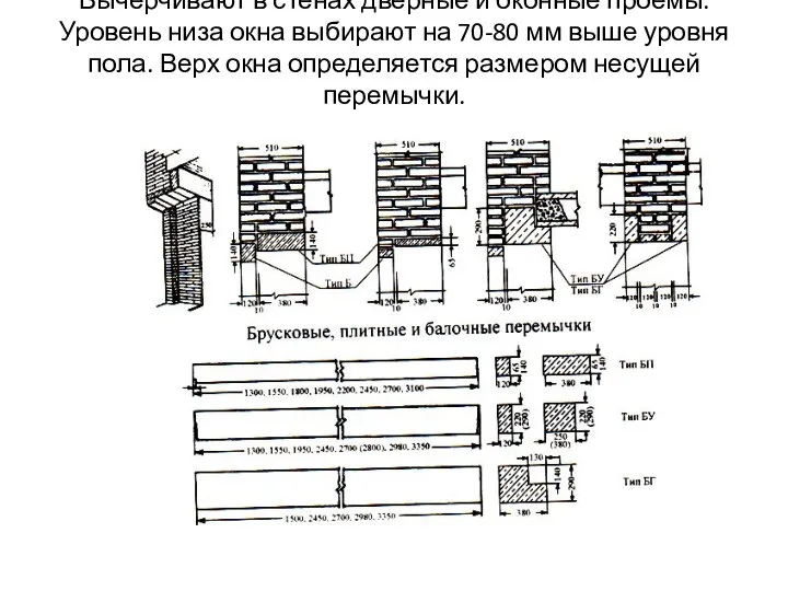 Вычерчивают в стенах дверные и оконные проемы. Уровень низа окна выбирают