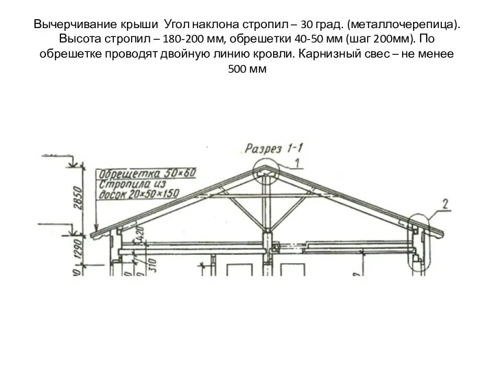 Вычерчивание крыши Угол наклона стропил – 30 град. (металлочерепица). Высота стропил