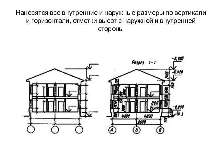 Наносятся все внутренние и наружные размеры по вертикали и горизонтали, отметки