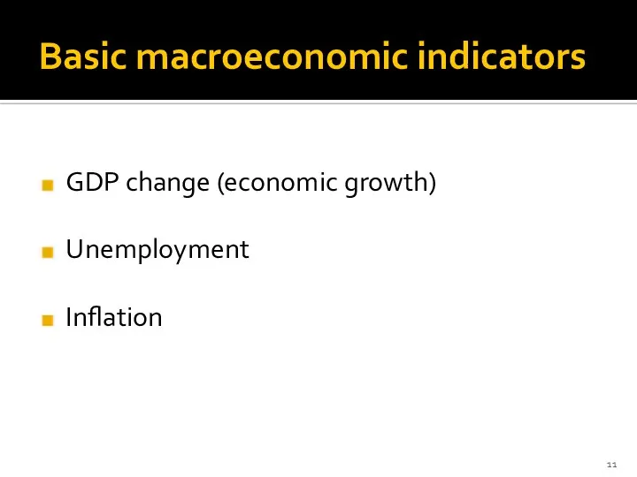 Basic macroeconomic indicators GDP change (economic growth) Unemployment Inflation