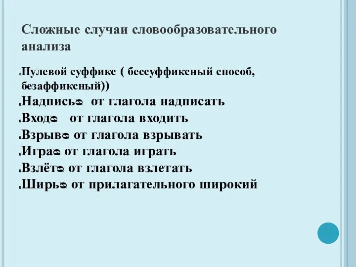 Сложные случаи словообразовательного анализа Нулевой суффикс ( бессуффиксный способ, безаффиксный)) Надписьᴓ