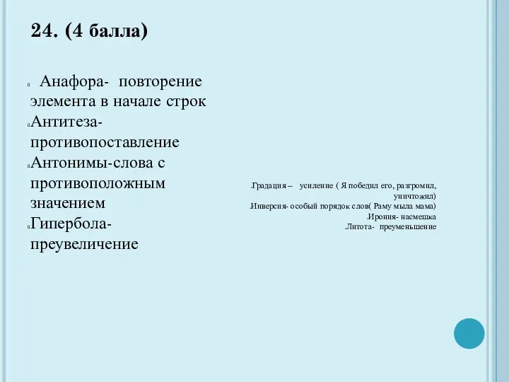 24. (4 балла) Анафора- повторение элемента в начале строк Антитеза- противопоставление