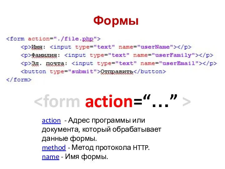 Формы action - Адрес программы или документа, который обрабатывает данные формы.