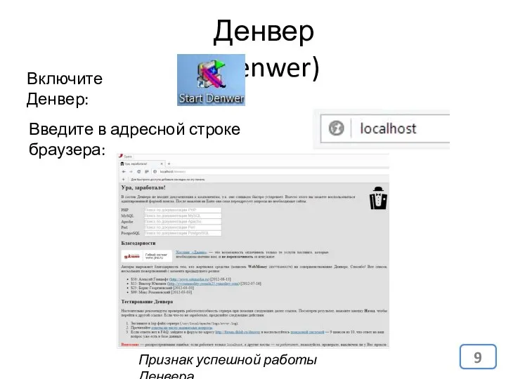 Денвер (Denwer) Включите Денвер: Введите в адресной строке браузера: Признак успешной работы Денвера.