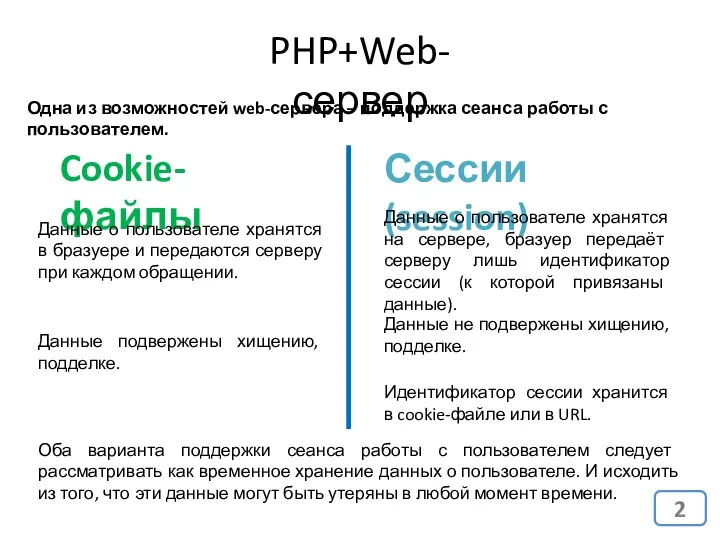 PHP+Web-сервер Одна из возможностей web-сервера – поддержка сеанса работы с пользователем.