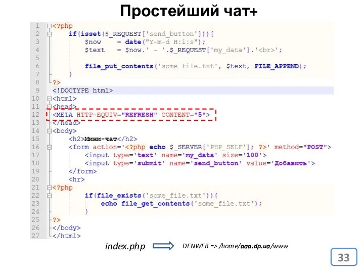 Простейший чат+ (самообновляющийся) index.php DENWER => /home/aaa.dp.ua/www