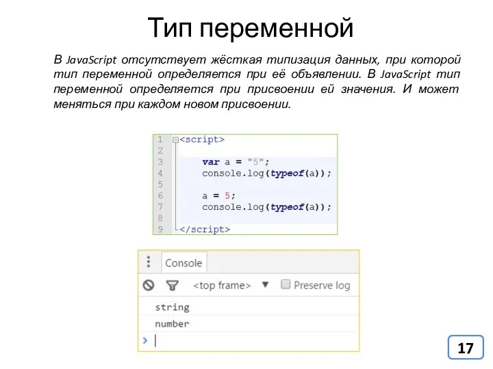 Тип переменной В JavaScript отсутствует жёсткая типизация данных, при которой тип