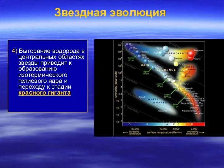 Звездная эволюция 4) Выгорание водорода в центральных областях звезды приводит к