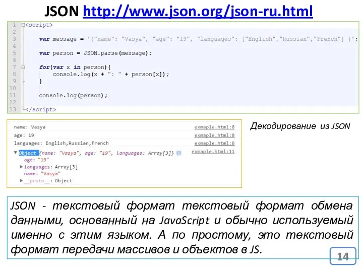 JSON http://www.json.org/json-ru.html JSON - текстовый формат текстовый формат обмена данными, основанный