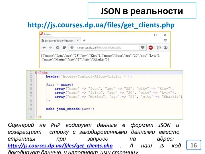 JSON в реальности http://js.courses.dp.ua/files/get_clients.php Сценарий на PHP кодирует данные в формат