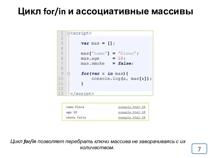 Цикл for/in и ассоциативные массивы Цикл for/in позволяет перебрать ключи массива не заворачиваясь с их количеством.