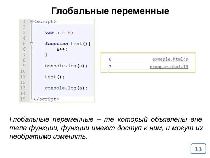 Глобальные переменные Глобальные переменные – те который объявлены вне тела функции,