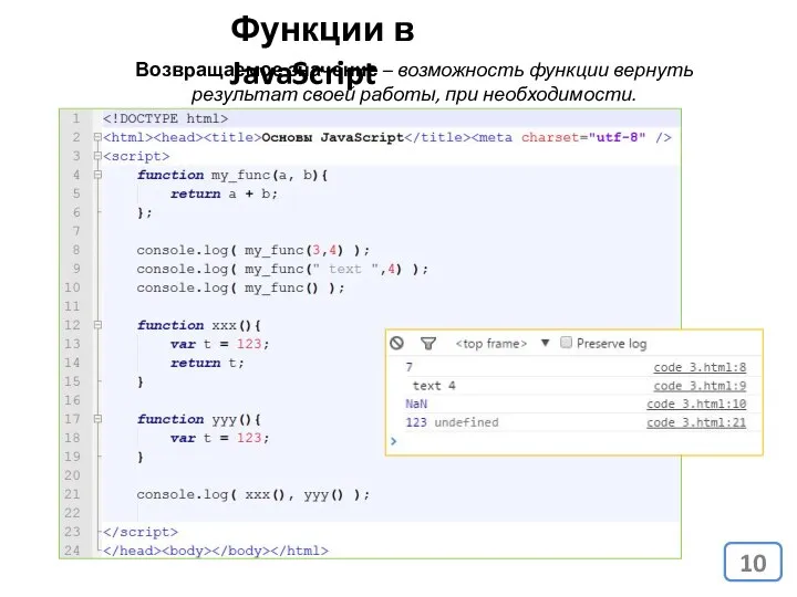 Возвращаемое значение – возможность функции вернуть результат своей работы, при необходимости. Функции в JavaScript