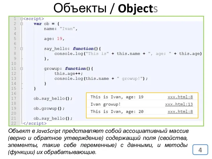 Объекты / Objects Объект в JavaScript представляет собой ассоциативный массив (верно