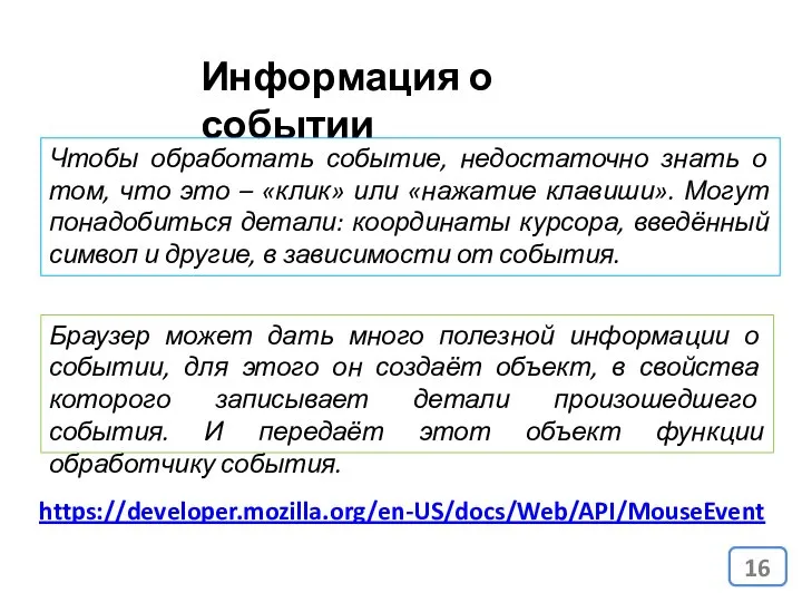 Информация о событии Чтобы обработать событие, недостаточно знать о том, что