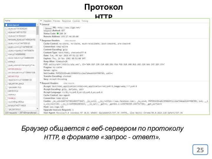 Протокол HTTP Браузер общается с веб-сервером по протоколу HTTP, в формате «запрос - ответ».