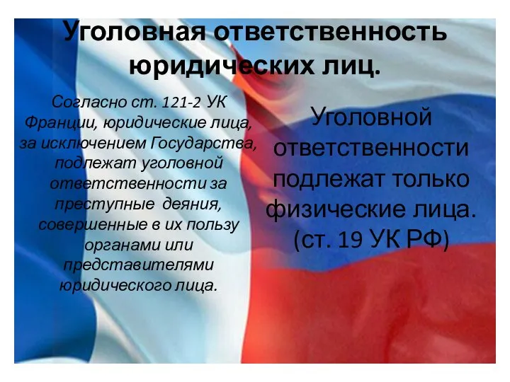 Уголовная ответственность юридических лиц. Согласно ст. 121-2 УК Франции, юридические лица,