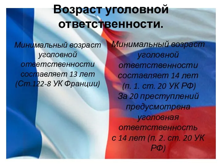 Возраст уголовной ответственности. Минимальный возраст уголовной ответственности составляет 13 лет (Ст.122-8