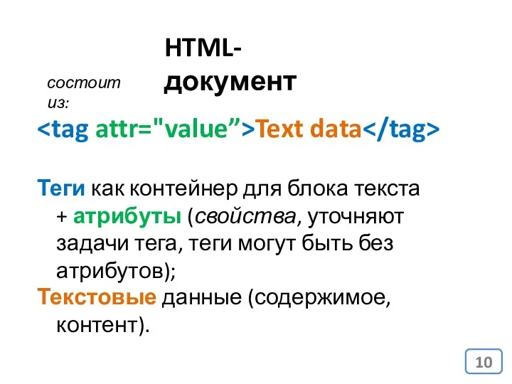 HTML-документ Text data Теги как контейнер для блока текста + атрибуты