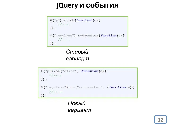 jQuery и события Старый вариант Новый вариант